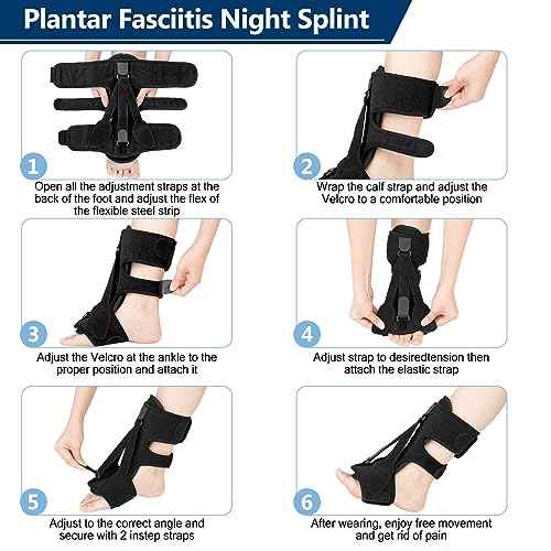 Upgraded Plantar Fasciitis Night Splint, 3 Adjustable Straps Plantar Fasciitis Relief Braces for Achilles Tendonitis, Foot Drop & Heel Spur Pain Relief Day & Night (Black)