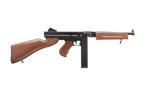 Airsoft Tommy Thompson Submachine Gun WW2 Chicago Typewriter Full Auto Electric SMG AEG with Extra Drum Magazines, Battery and Charger (Faux Wood)