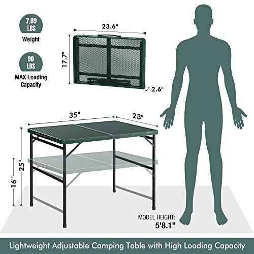 VILLEY Grill Table, 3ft Folding Camping Table with Aluminum Adjustable Legs, Portable Lightweight Camp Table for Beach Picnics and Outdoor Cooking