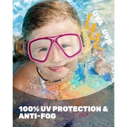 OutdoorMaster Jellyfish Kids Swim Goggles with Nose Cover, Snorkel Diving Mask with Elastic Fabric Strap, Anti-Fog Tempered Glass Swimming Goggles for Boys and Girls, Age 6-14