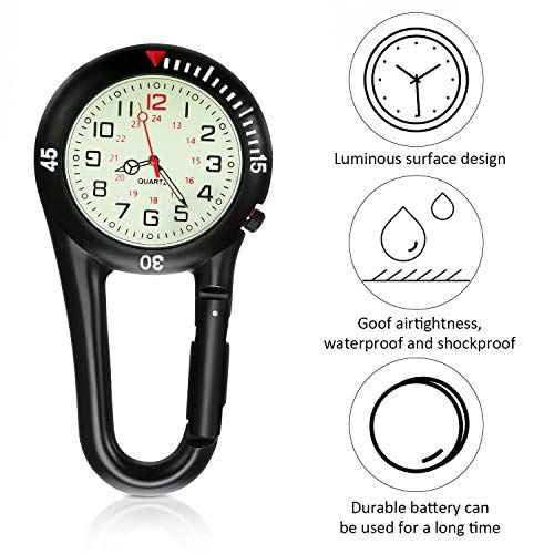 Hicarer 2 Pieces Clip on Quartz Watch Backpack Fob Belt Glow in The Dark Unisex Pocket Watch with White Dial for Doctors Nurses Outdoor Activities