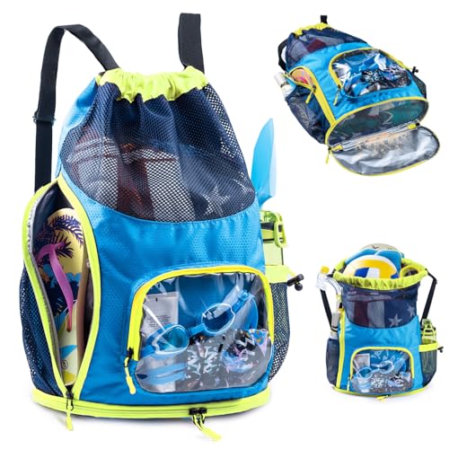 Neon Yellow & Blue Mesh Drawstring Swim Backpack with Shoe & Wet Pocket - Large Capacity