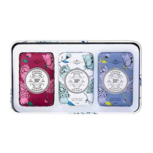 La Chatelaine Luxury Bar Soap Trio Gift Set Tin ? Winter White | Made in France | Natural and Organic Soap Bars | Shea Butter Formula | 3 x 7 oz / 200g (Cherry Almond, Coconut Milk, Lychee Bilberry)