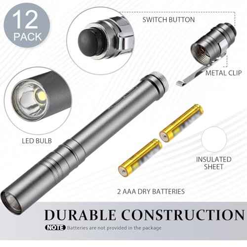 12 Pack LED Penlight Bulk, Pocket Flashlight with Clip, Aluminum Pen Flashlights Mini Pen Light for Nurses Hospital Outdoor Camping Emergency Hiking (Silver Gray)