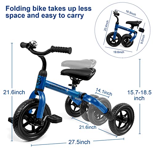 Blue 3-in-1 Toddler Tricycle with Folding Frame & Adjustable Seat