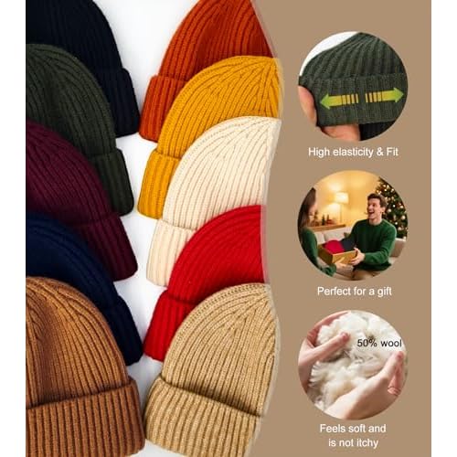 Wool Fisherman Beanies for Men Women, Short Knit Fall Winter Warm Beanie, Watch Cap, Cuffed Trawler Hats, Skull Caps
