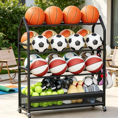 Homeiju Sports Equipment Organizer with 4-Tier Ball Storage & Hooks