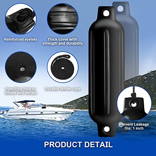 Black 4.5-Inch Boat Fenders 4 Pack with Ribs Twin Eyes Marine Bumpers with Ropes, Needles & Pump