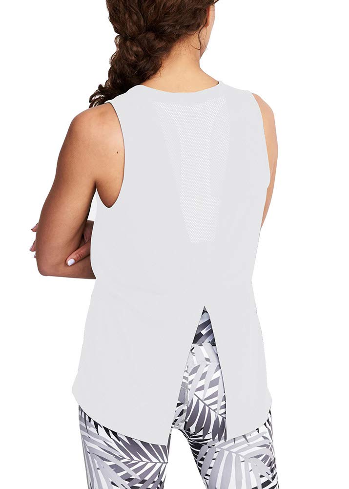 Bestisun White Medium Mesh Back Athletic Tank Top for Yoga & Workout