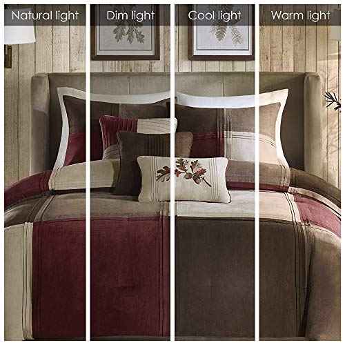 Madison Park Cozy Comforter Set Casual Blocks Design All Season, Matching Bed Skirt, Decorative Pillows, Queen(90"x90"), Red Brown, 7 Piece
