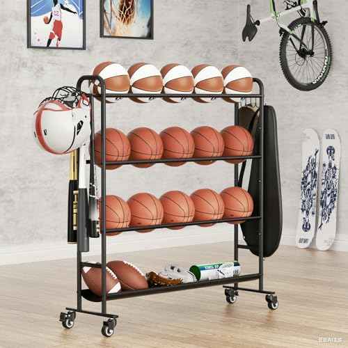 niffgaff Basketball Rack with Wheels ? 4-Layer Outdoor Storage Rack for 7 Size Basketballs & Larger Balls, Garage Ball Organizer with Hooks