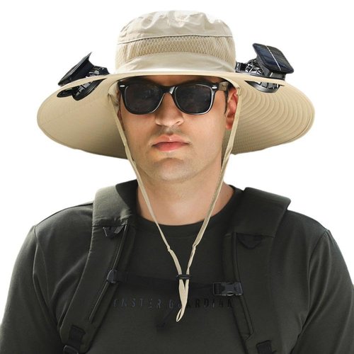 Hat with Fans Solar Power, Wide Brim Sun Hat with 2 Solar Fan for Men Women, UPF 50+ Bucket Fishing Hat with Fan Built in Khaki