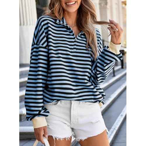 EVALESS Oversized Sweatshirt for Women 2024 Fall Outfits Fashion Long Sleeve Shirts Striped Quarter Zip Pullover Tops