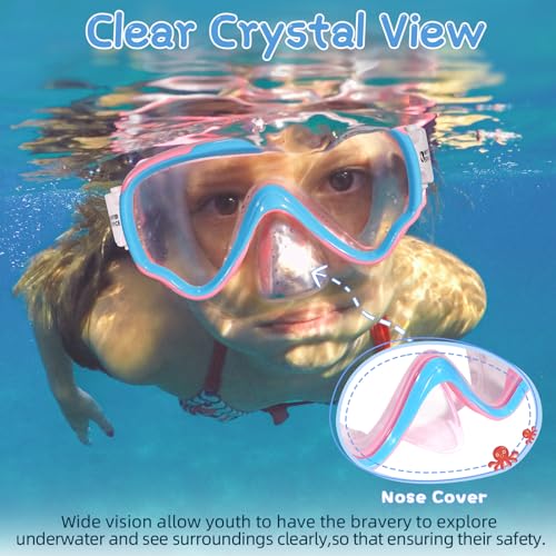 Kids Swim Goggles with Nose Cover - Anti-Shatter, No-Leak, 3-15 Years, Pink & Blue 2-Pack