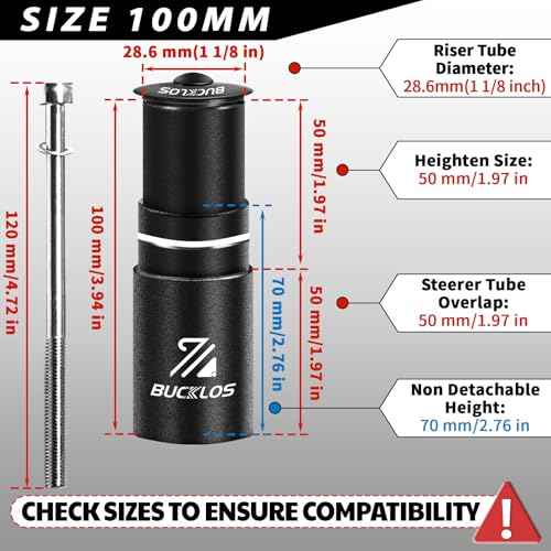 BUCKLOS Bike Stem Riser Extender MTB, 1-1/8" 28.6mm Bike Fork Stem, Handlebar Stem Aluminum Adapter for Mountain Bike, Road Bike, MTB, BMX
