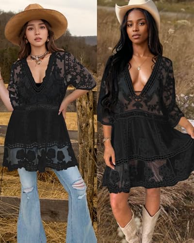 Women Lace Swim Cover Up Dress - Black, One Size Beach Vacation Style
