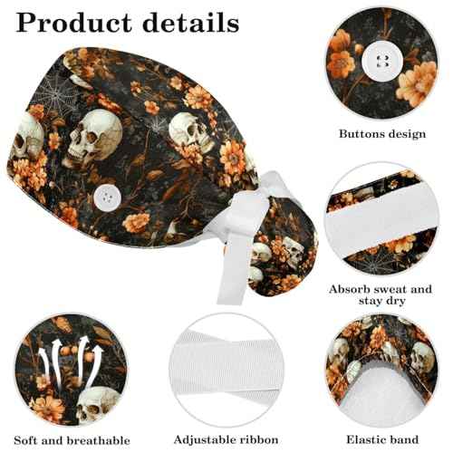 Scrub Caps Women, Adjustable Surgical Caps with Ponytail Pouch, Working Cap with Bow Hair Scrunchy, Bouffant Hat with Buttons, Skull Halloween Autumn Gothic Vintage Floral Retro