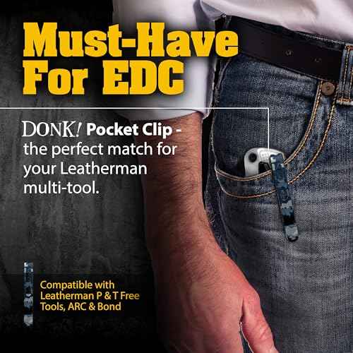 Donk! Pocket Clip for all Leatherman Free Series Multitools | P2, P4, T2, T4, K2, K4 | Titanium TC4 - Black | Titanium Screws | 5 Custom Designs - Camo Dark