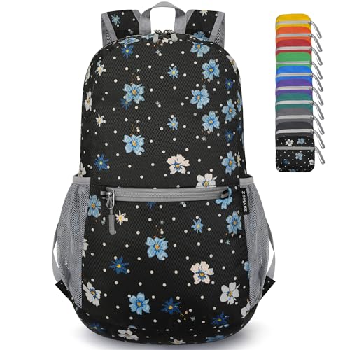 20L Foldable Travel Backpack - Packable Lightweight Day Pack with Water-Resistant Nylon - Black White Dot Floral