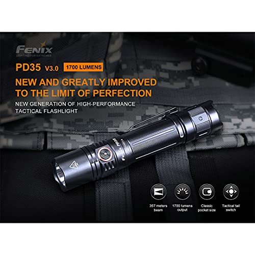 Fenix PD35 v3.0 Rechargeable Tactical Flashlight, 1700 Lumens EDC with Battery and Organizer (Green)