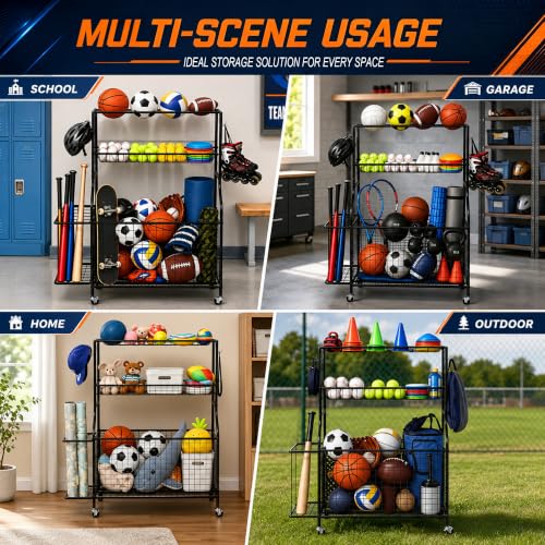 DuraMax Garage Sports Storage Rack with Wheels, Ball & Equipment Organizer