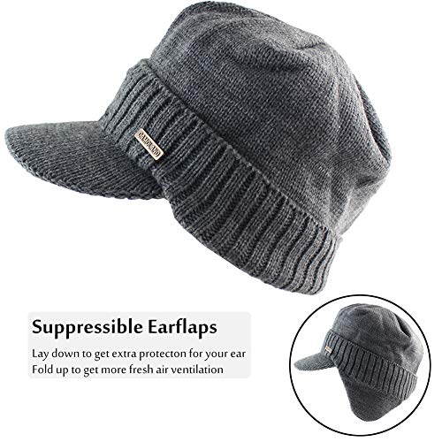 Winter Beanie w/Visor & Earflaps for Men Outdoor Fleece Hat Scarf Set