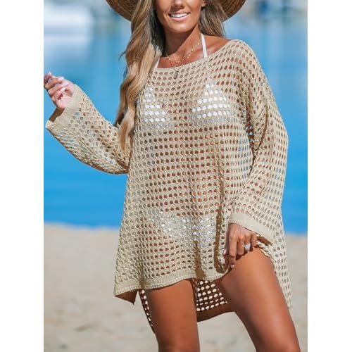 CUPSHE Women's Crochet Cover Up Cutout Drop Shoulder Long Sleeves Pullover Beachwear Bathing Suit 2025