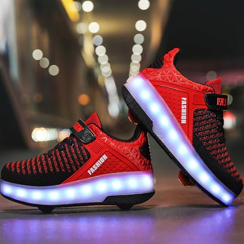 Kids Roller Shoes with Lights - A-Red, Lightweight & Breatheable, Beginner Sneakers with Wheels, USB Charging - Little Kid Size 1