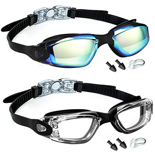 LOCONHA Swim Goggles 2 Pack Anti-Fog No Leaking for Adults & Youth Aqua & Clear