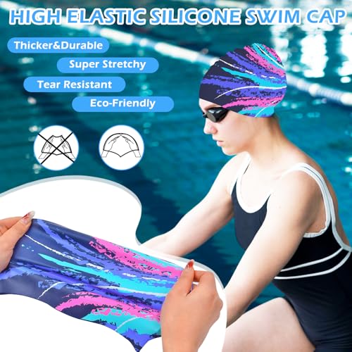 Women's Silicone Waterproof Swim Cap - Blue Graffiti - Long Hair Friendly