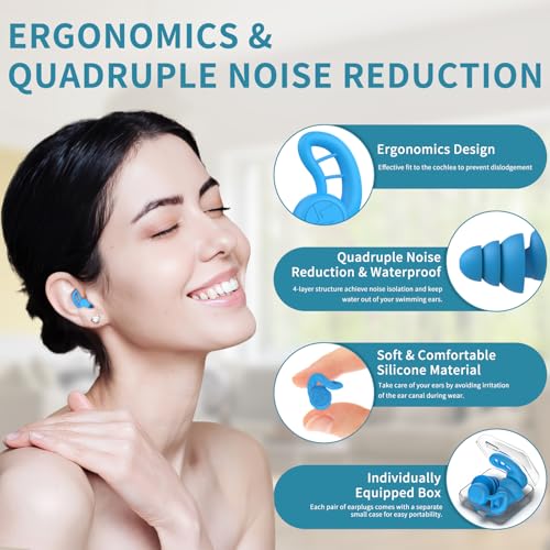Reusable Colorful Waterproof Swimming Ear Plugs for Adults - Black Blue Red White, 4 Pairs