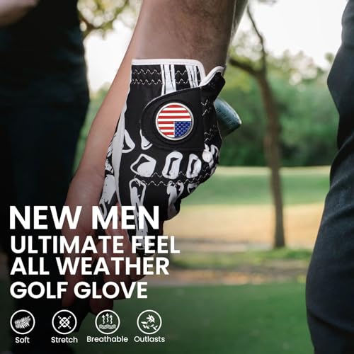 Golf Gloves Men Left Hand Right Hand 2 Pack Black & Bones Large Worn on Left