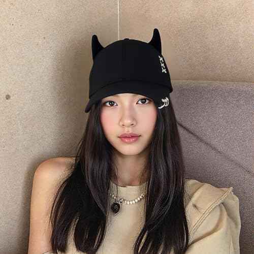 Trendy Adjustable Trucker Hat with Devil Horns, Metal Ring Casual Baseball Cap Women Men, Breathable Cotton K-pop Cap