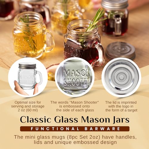 Mini Mason Jar Shot Glasses Set with Lids & Handles - 8 Pack