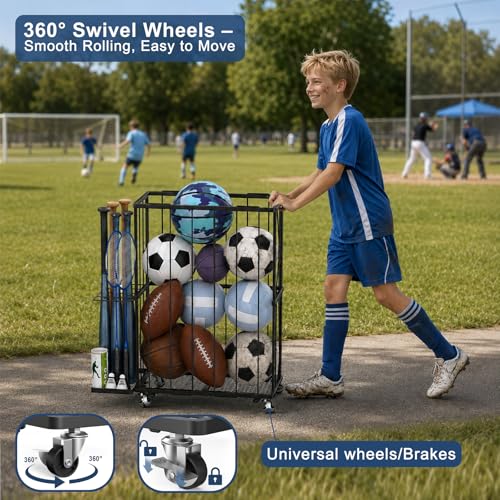 ClookRack Black Large Garage Ball Storage Rack with Wheels, Sports & Toy Organizer