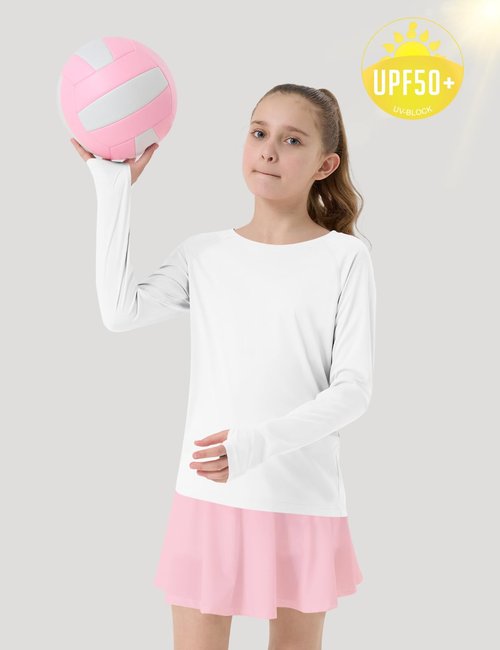 CHALLMOTI Girl's Rash Guard Swim Shirts Sun Shirt UV Protection Long Sleeve Tops Quick Dry Lightweight UPF 50+ White M