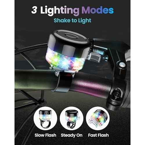Bike Bell for Kids & Adults, LED Light Up Bike Bell Loud Crisp Sound Bicycle Bell with 3 Lighting Mode, Rechargeable Adjustable Strap Bike Accessories Fits Most City Bike Mountain Bike Children's Bike