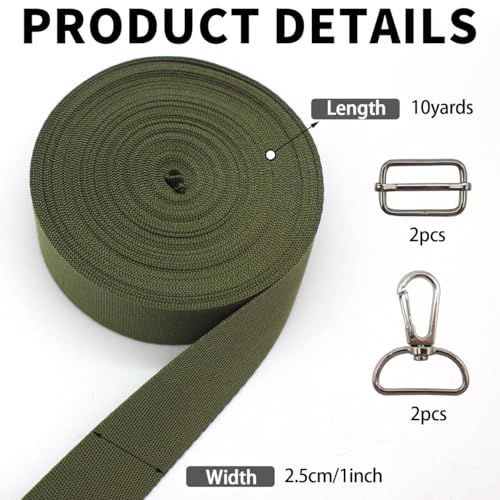 Heavy Duty Nylon Webbing Straps 1 Inch x 10 Yards - Olive Green, Durable DIY