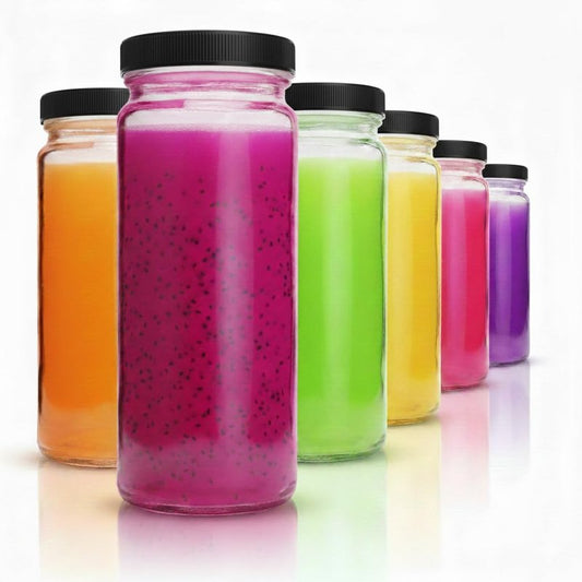 All About Juicing Clear Glass Water Bottles Set - 6 Pack Wide Mouth with Lids for Juice, Smoothies, Beverage Storage - 16 oz, Durable, Reusable, Dishwasher Safe, Leak Proof (Black Caps)