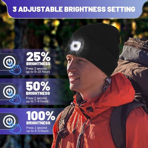 Keains Unisex Beanie with The Light £¬Rechargeable LED Headlamp Cap£¬ Warm Knit Hats for Winter Safety Gifts for Men Women Dad
