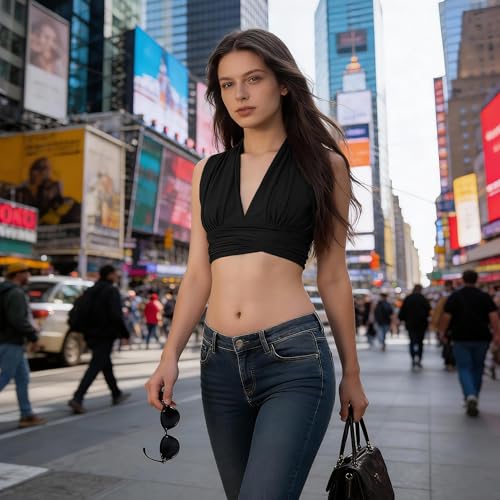 Women's Deep V Neck Crop Top - Black, Adjustable Tie Backless Halter, Breathable Cotton Summer Festival Top