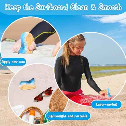 Surfboard Wax Comb Bamboo Surfboard Wax Scraper Surfboard Wax Removal Tool Surf Wax Comb with Hole Surfboard Accessories for Surfing Board Men Women Surfer Gift Ocean Wave Pattern