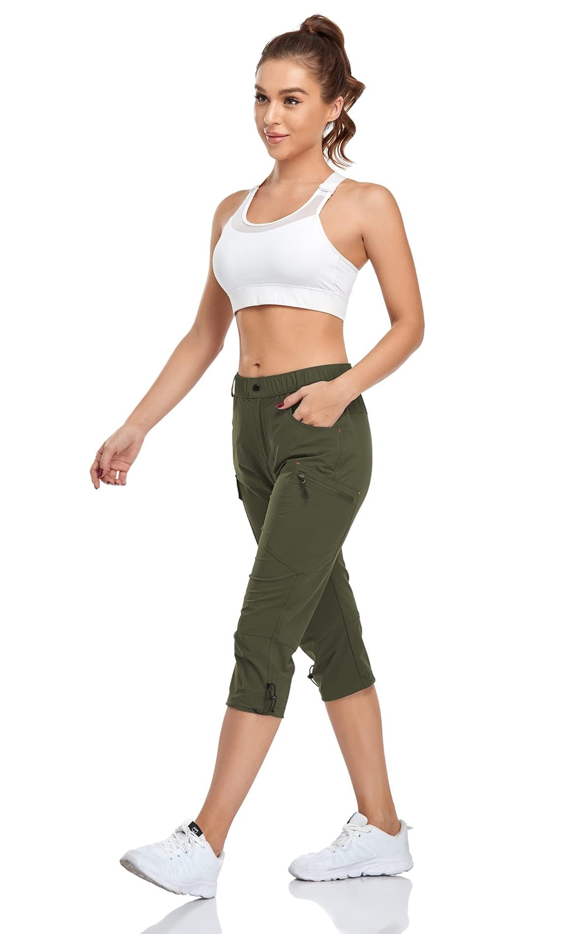 GYMBRAVE Women's Hiking Cargo Pants Quick Dry Outdoor Camping Capris Water Resistant UPF 50 with Zipper Pockets Armygreen
