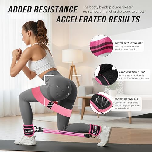 Pink Ankle Resistance Bands Set with Cuffs & Booty Bands for Legs & Glutes