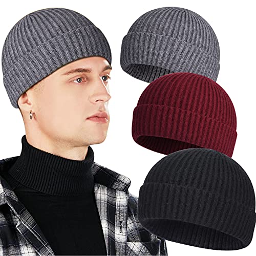 3 Pack Wool Fisherman Beanies for Men, Short Knit Watch Cap Cuffed Trawler Hats
