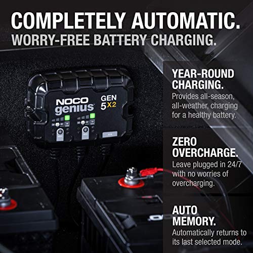 NOCO Genius GEN5X2: 2-Bank, 10A Onboard Battery Charger - 5A Per Bank, 12V Waterproof Marine Charger with Overcharge Protection & Temperature Compensation ? for Lead-Acid & Lithium Batteries
