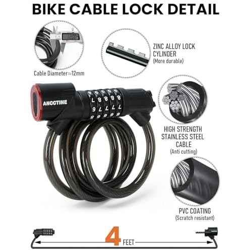 Combination Bike Lock Cable - with LED Bike Tail Light and Keypad Light, IPX6 Waterproof Heavy Duty Strong Anti-Theft 5 Digit Keyless Cable Lock, for Kids Adult Bike Accessories (4FT, Black-0.5 inch)
