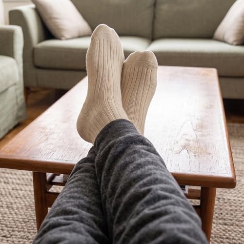 Men's Wool Winter Socks - 3 Pairs Natural Pure Warm Boot Socks - Cream