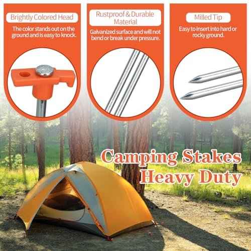 10 Pack 10in Heavy Duty Tent Stakes and Hammer Set, with Storage Pouch, for Outdoor Camping Tent, Tarp, Canopy, Picnic, Shade