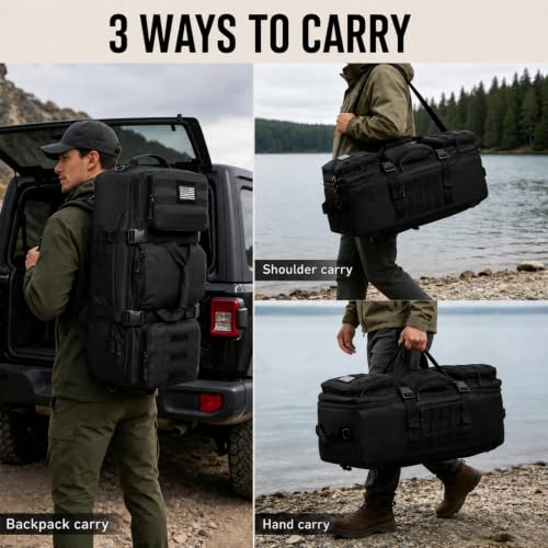 Black 65L Large Tactical Duffle Bag - 3-in-1 Travel & Gym Backpack
